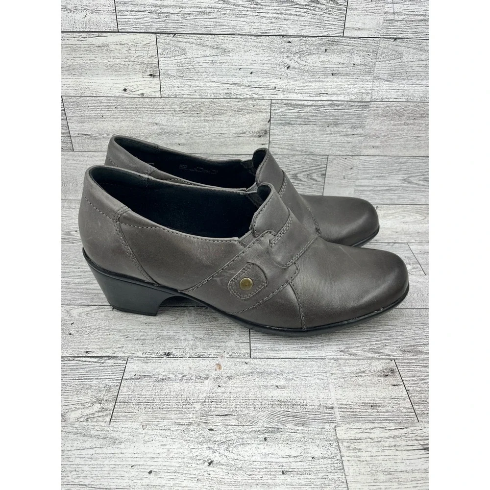 Clarks‎ Bendables Women Size 9.5M Dark Gray Leather Slip On Loafers Block Heel